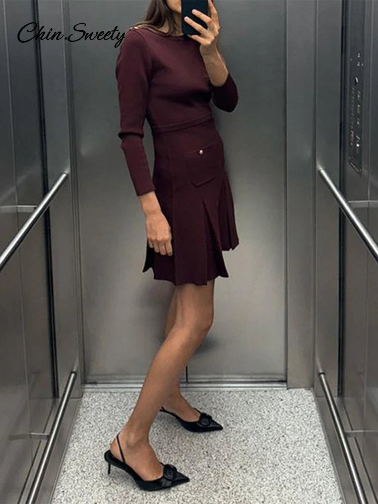 Knit Burgundy Red A-line Mini Dress Women O-neck Long Sleeves Pleat Party Dresses Female 2025 Spring New Pockets Button Vestidos