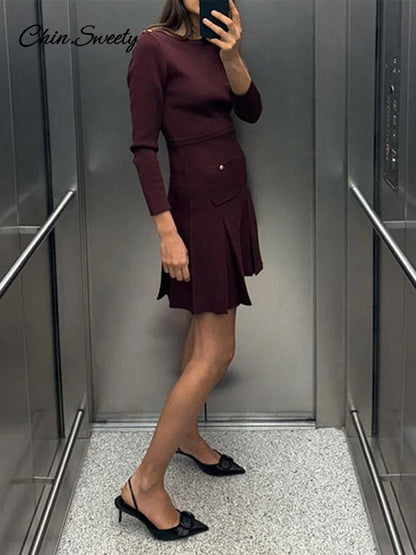 Knit Burgundy Red A-line Mini Dress Women O-neck Long Sleeves Pleat Party Dresses Female 2025 Spring New Pockets Button Vestidos