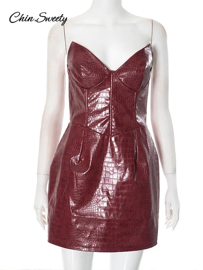 Vestido mini sexy de cuero burdeos sin tirantes para mujer, espalda descubierta, cintura alta, paquete de cadera, vestidos femeninos de verano 2025, ropa de club Y2K ajustada