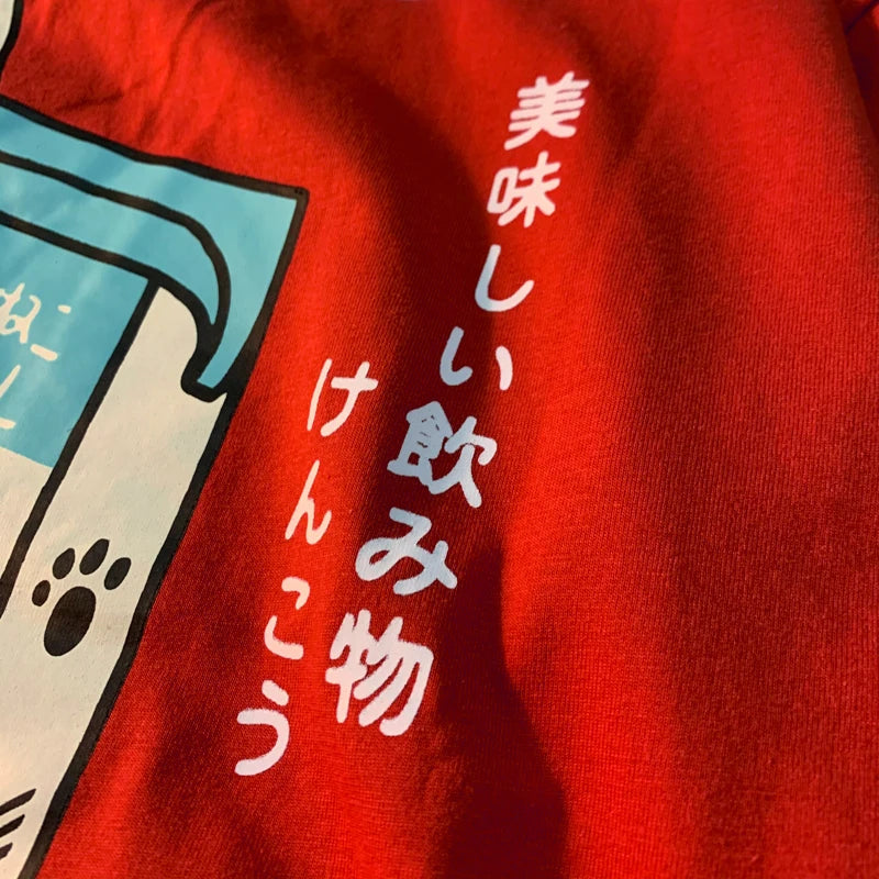 Camiseta holgada informal de manga corta con estampado de gato japonés para hombre y mujer, ropa de calle de algodón, estilo Harajuku