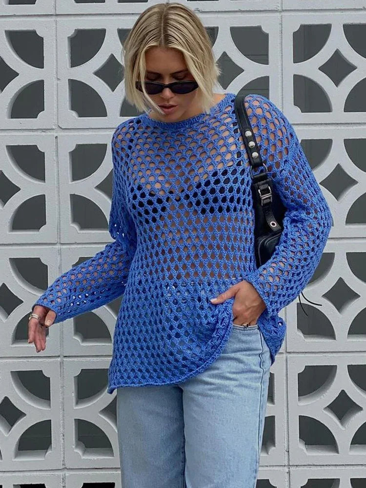 Sexy Hollow Out Knit Cover Up Dress For Women See-Through Loose Beach Holiday Mini Dress Summer Splice Knitwear Cover up