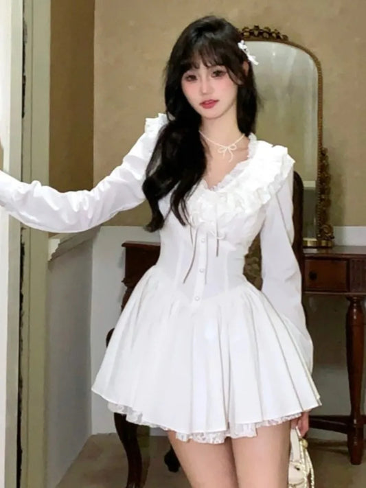 Elegante vestido corto blanco para mujer, con volantes de encaje y escote en V, corte A, para fiesta de cumpleaños, estilo coreano Y2K, minivestido de una pieza