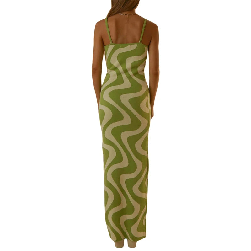 y2k Knitted Dresses Women Geometric Print Spaghetti Strap Sleeveless Bodycon Dresses 2000s Long Night Party Dresses