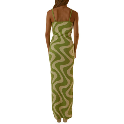 y2k Knitted Dresses Women Geometric Print Spaghetti Strap Sleeveless Bodycon Dresses 2000s Long Night Party Dresses