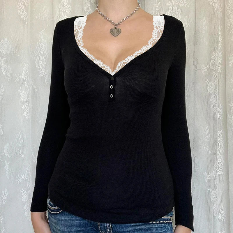 Contrast Lace Crew Neck Top Spring Casual Y2K Long Sleeve Buttons T-shirt Knitted Slim Basic Tee Shirt Streetwear 90s