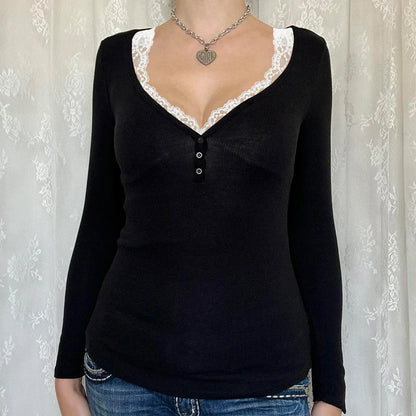 Contrast Lace Crew Neck Top Spring Casual Y2K Long Sleeve Buttons T-shirt Knitted Slim Basic Tee Shirt Streetwear 90s