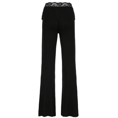 Pantalones acampanados de cintura alta con ribete de encaje sólido Hotsweet Y2k para mujer, pantalones básicos de moda casuales de moda
