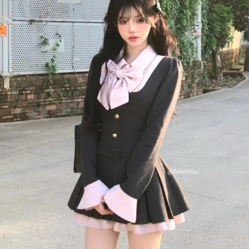 Vestidos blazer Y2K para mujer, estilo preppy, otoño, nuevo, patchwork, manga larga, plisado, corte A, lazo, moda coreana, ropa femenina