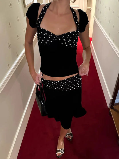 Conjunto de dos piezas de falda y top de manga corta con cuello halter y estampado de lunares para mujer, traje informal de retazos