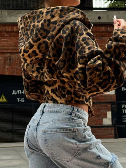 Sudadera con capucha y cremallera para mujer, de otoño, de manga larga, con cintura ajustada y estampado de leopardo, estilo urbano, Gyaru Baddie Y2k