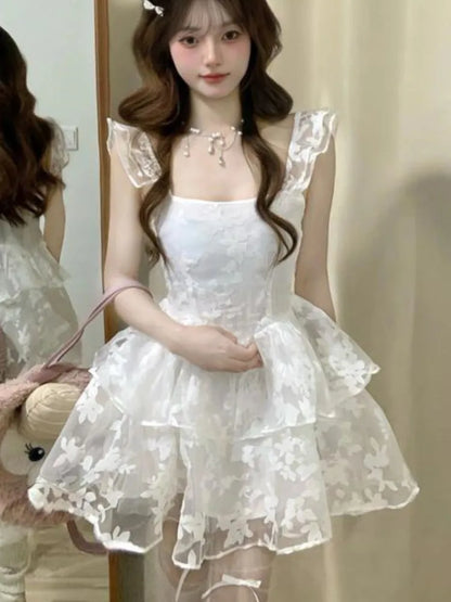Elegante vestido de fiesta de princesa blanco sin mangas de verano nuevo Y2K con volantes, vestidos cortos de corte A para mujer, vestido coreano de una pieza