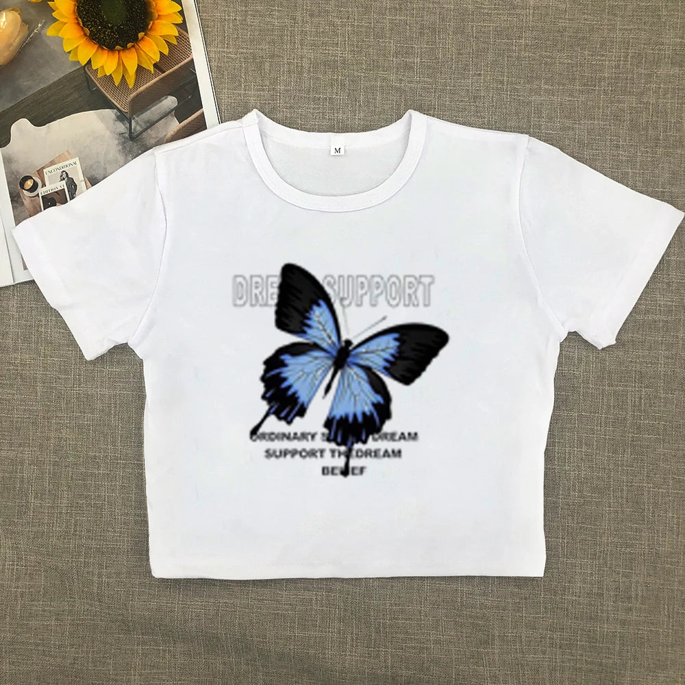 Camiseta de algodón de manga corta con hombros descubiertos para mujer, nueva camiseta de verano de Spice Girls, de cintura alta, ajustada, corta, dulce y picante.