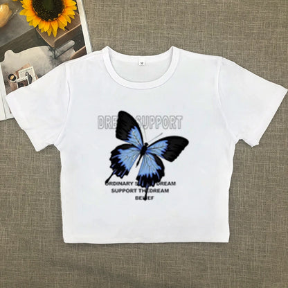 Camiseta de algodón de manga corta con hombros descubiertos para mujer, nueva camiseta de verano de Spice Girls, de cintura alta, ajustada, corta, dulce y picante.