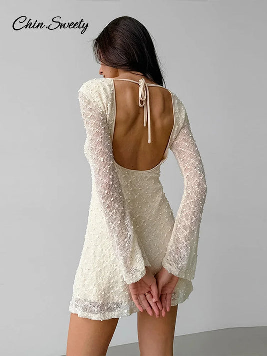 Vestido mini de jacquard sexy sin espalda para mujer, acampanado, de manga larga, con cordones y cuello redondo, vestidos de fiesta, vestidos de noche ajustados para playa, nuevo 2025