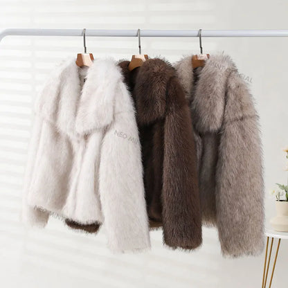 Abrigo de piel sintética con cuello cuadrado y esponjoso para mujer, estilo blogger icónico de invierno, chaqueta de piel de zorro para chicas, ropa de abrigo elegante y atractiva.