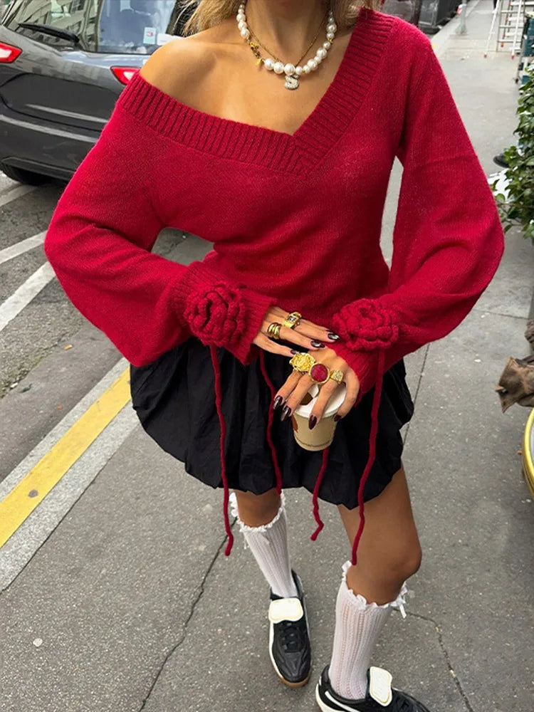 Elegante suéter rojo de punto con cuello en V para mujer, suéter vintage con flores 3D y cordón de manga larga, prenda de punto urbana elegante para Navidad.