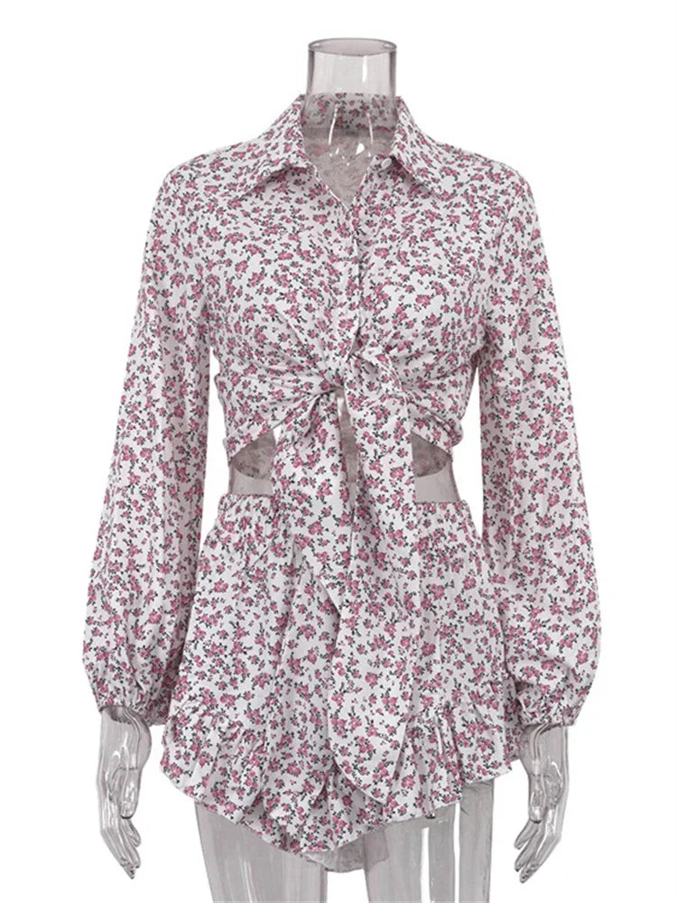 Printed Lace-Up 2 Piece-Set Shorts Outfits Female Lapel Contrast Patchwork Top Cardigan And High Waist Women’s Shorts Sets