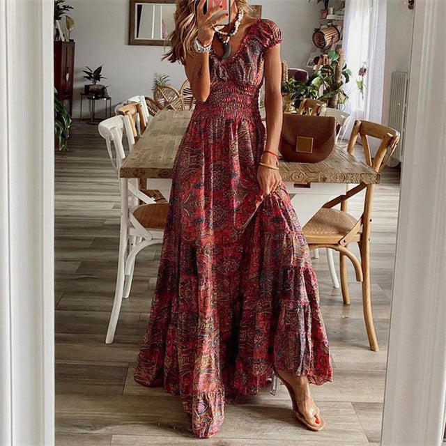Vestidos largos con estampado bohemio para mujer, cuello en V, cintura elástica, mangas cortas, estilo casual de vacaciones, vestidos vintage de moda para mujer