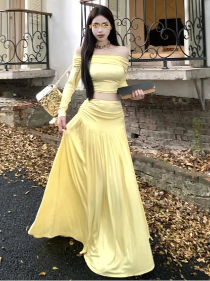 Conjunto de falda de dos piezas para mujer, top corto con cuello halter y cintura alta, moda coreana, ropa de calle, otoño