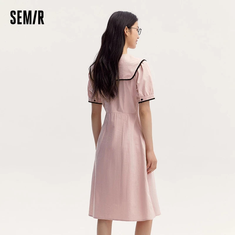 Vestido de mujer de algodón puro con mangas abullonadas, nuevo vestido de verano con bloques de color, solapa grande y largo medio, estilo universitario.