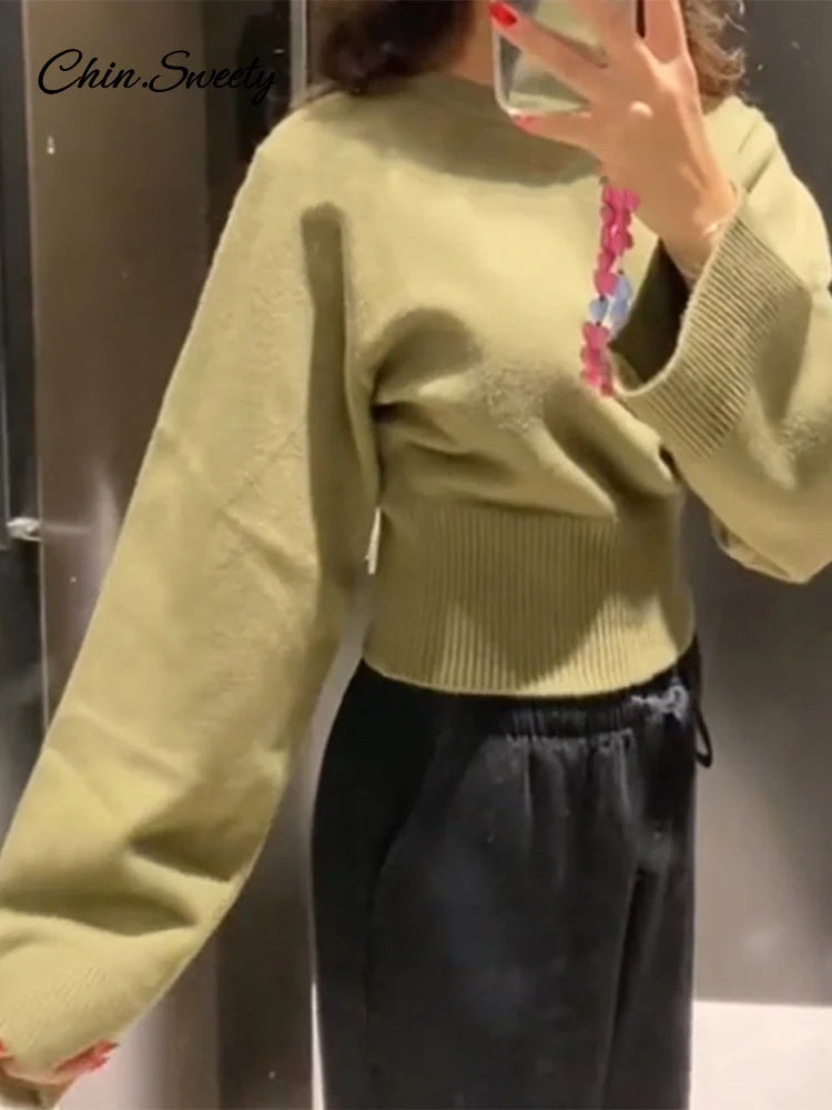 Vintage Solid O-Neck Cropped Sweater Pullover For Women Casual Long Sleeved Loose Jumper Female 2025 Spring Lady High Streetwear