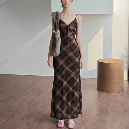 Vestido a cuadros Y2K para mujer, ropa vintage, cuello en V, tirantes finos, sin mangas, abertura lateral, vestidos largos para salir y fiestas.