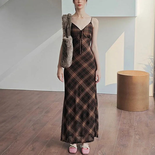 y2k Plaid Dress Women Vintage Clothes V Neck Spaghetti Strap Sleeveless Side Split Long Desses Going Out Party Dresses