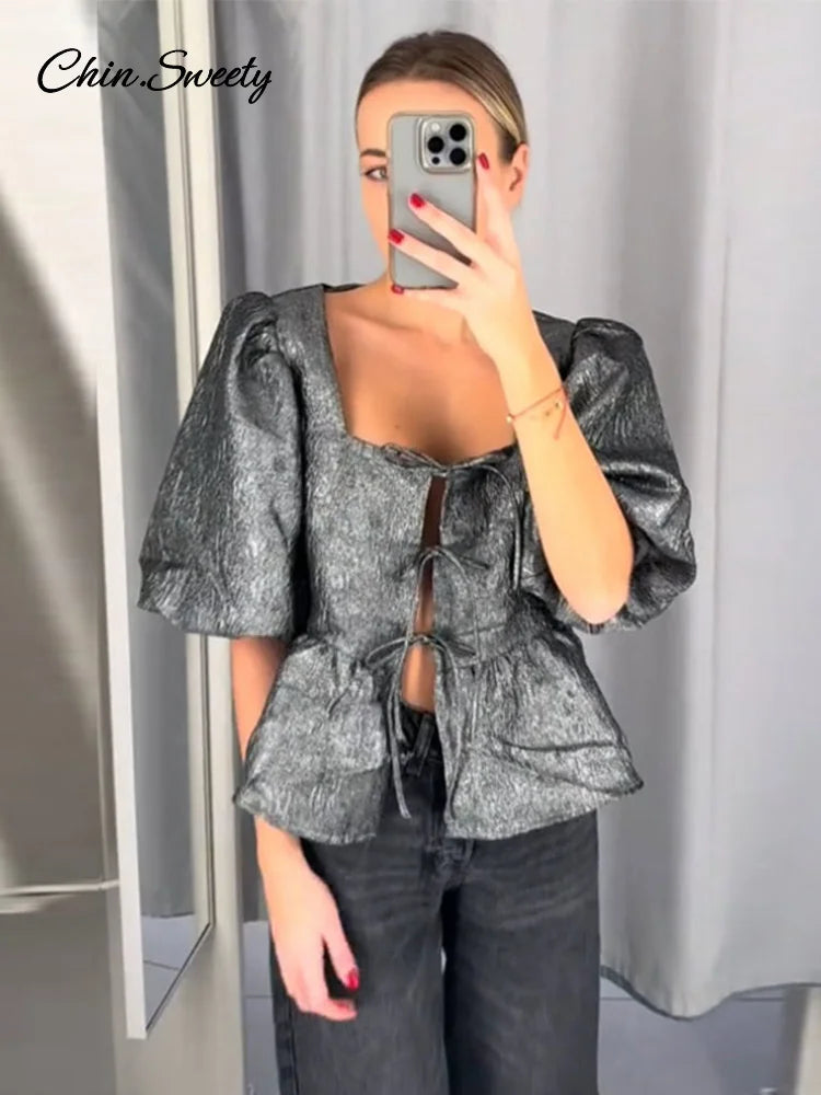 Elegant Square Collar Crop Blouses Women Lace Up Puff Short Sleeve Shirts 2025 Spring Summer Lady All-match Hollow Out Tops New