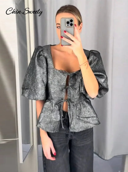 Elegant Square Collar Crop Blouses Women Lace Up Puff Short Sleeve Shirts 2025 Spring Summer Lady All-match Hollow Out Tops New
