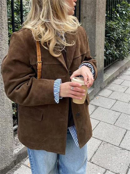 Chaquetas de bolsillo de moda vintage para mujer, abrigo de invierno con solapa para la calle, elegante y liso para el día a día.
