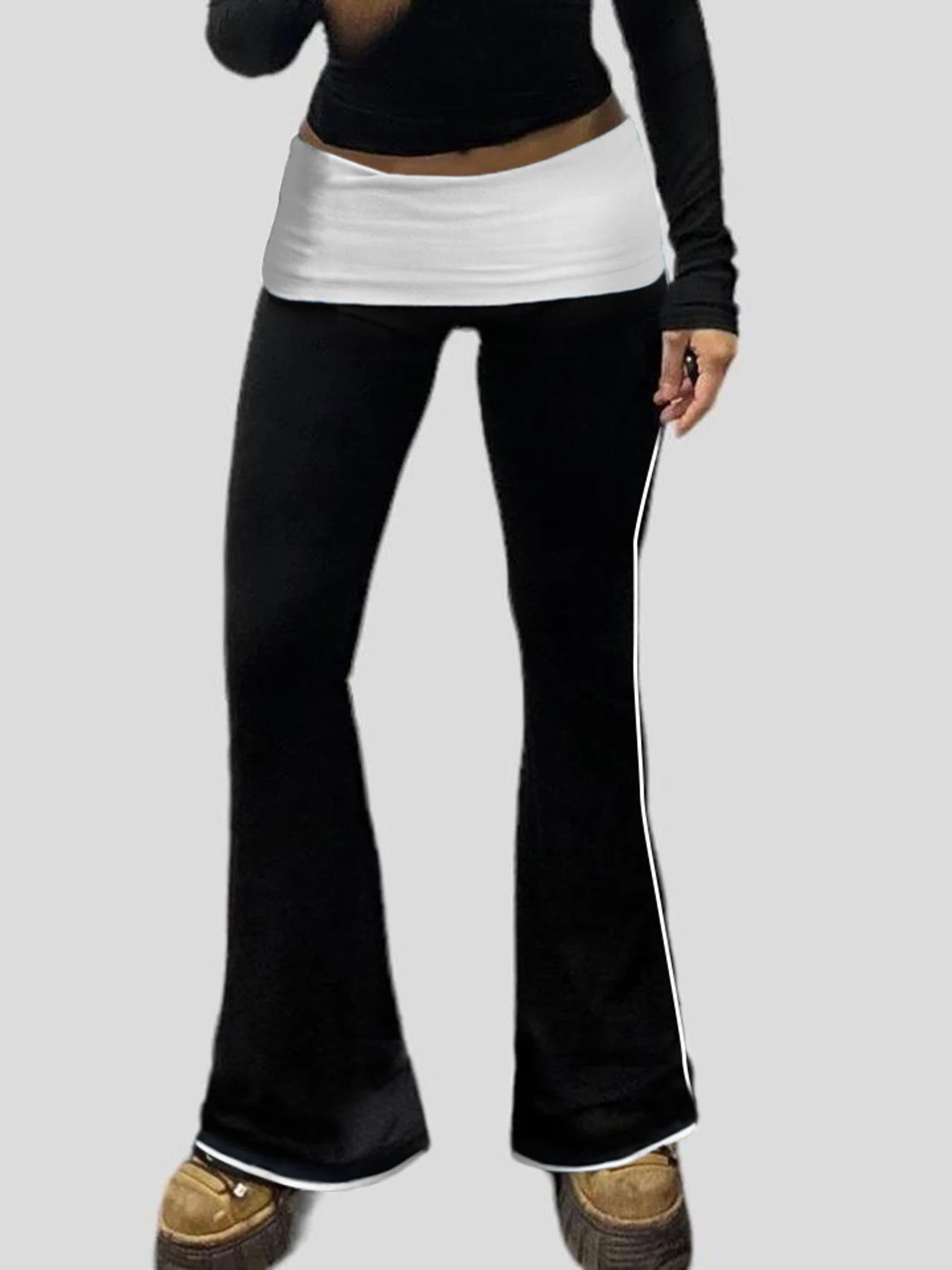 Contrast Binding Waist Slim Basic Casual Flared Pants For Women American Retro Skinny Sexy Sports Jogging Sweatpants