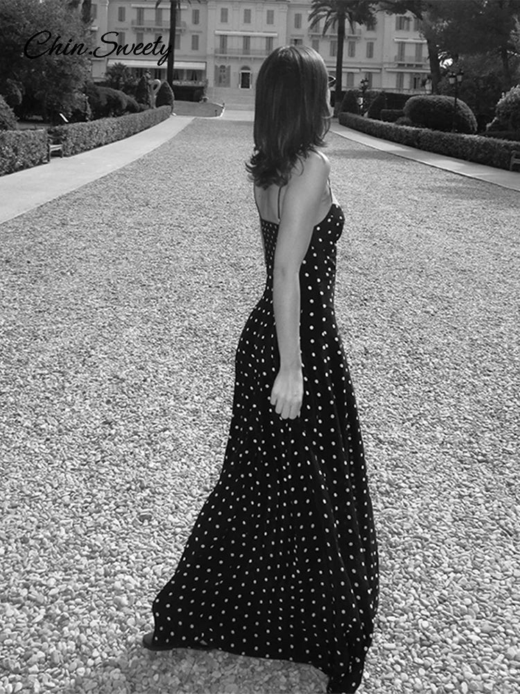 Elegant Dot Strapless Maxi Dress Women Pleat V-neck Sleeveless Backless High Waist A-line Dresses 2025 Summer Vacation Robes New