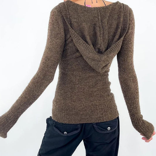 Suéter con capucha y cuello en V marrón Y2K, suéter de punto básico vintage ajustado con botones, ropa de calle informal de otoño para mujer