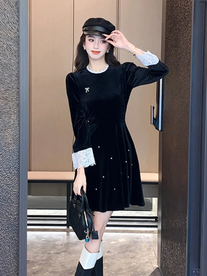 Woman Spring Summer New Elegant Velvet Mini A-line Dresses Long Sleeve Party Fashion One Piece Robe