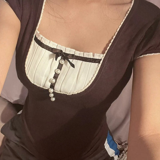 Summer Vintage Bow Ruffle Patchwork T Shirt y2k Women Grunge Square Neck Aesthetic Korean Short Sleeve Crop Tops