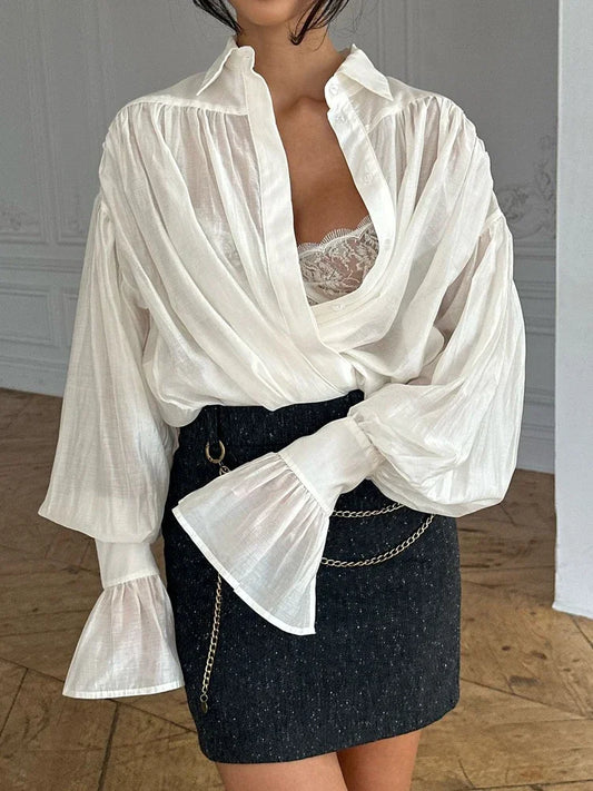 Blusa informal holgada transparente con solapa y manga larga para mujer, estilo patchwork, estilo urbano, lisa, para otoño