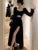 Elegante vestido negro largo para mujer, manga larga, cuello cuadrado, abertura alta, vestido de fiesta de noche, vestido de graduación, vestidos para mujer