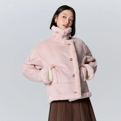 Chaqueta de mujer de gamuza sintética de piel de conejo sintética cálida de invierno nueva solapa estilo motociclista chaqueta holgada retro