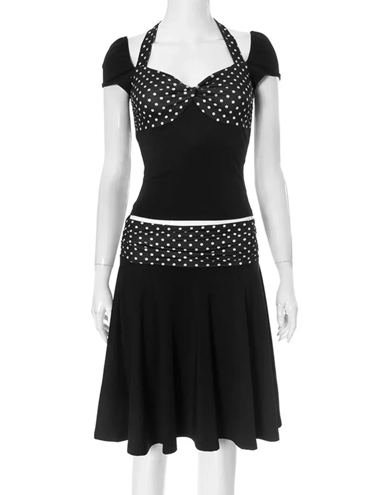 Conjunto de dos piezas de falda y top de manga corta con cuello halter y estampado de lunares para mujer, traje informal de retazos