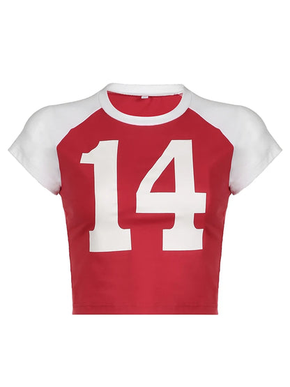 Camiseta informal retro navideña americana con estampado de letras y patchwork en contraste, camiseta deportiva de fútbol, cuello redondo, manga corta, top corto de verano