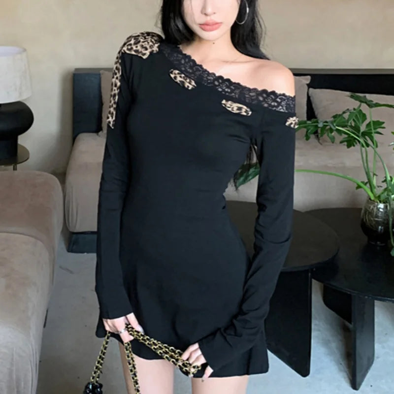Vestido sexy para mujer Y2K, ropa con estampado de leopardo, ribete de encaje, hombros descubiertos, manga larga, corte A, minivestido de fiesta, ropa de club.