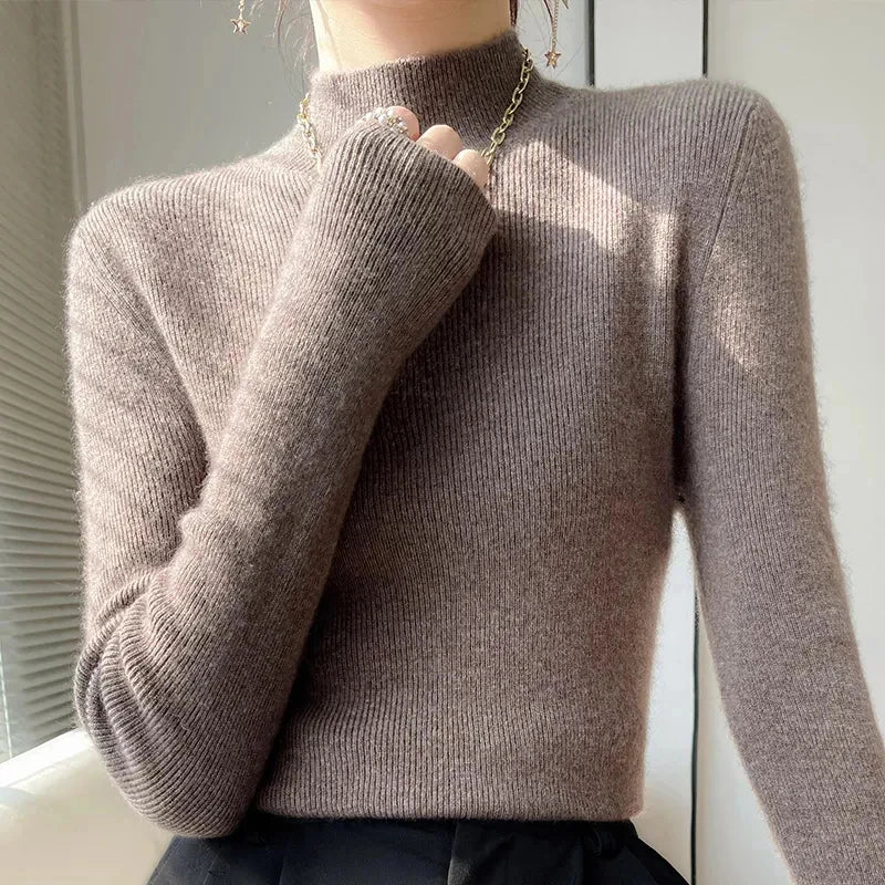 Suéter liso para mujer, jersey de punto de cuello alto medio, estilo Harajuku coreano, tejido grueso, moda de otoño e invierno, jerséis ajustados