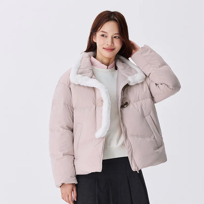 Chaqueta de plumón para mujer, impermeable, holgada, suave, de invierno, nueva, con imitación literaria de piel de conejo, con botones de cuerno, resistente al viento