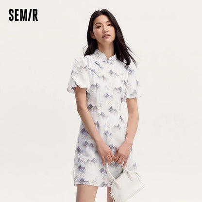 Dress Women Ink Painting Print Dress Bubble Sleeves Buttoned  Summer New Cheongsam Dress
