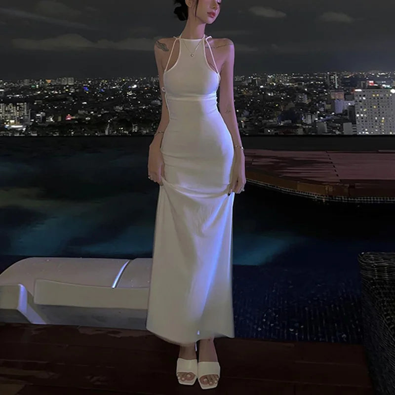 Vestido largo de verano para mujer, sexy, de color liso, con tirantes finos, sin mangas, con lazo, sin espalda, para fiesta y club, Y2K