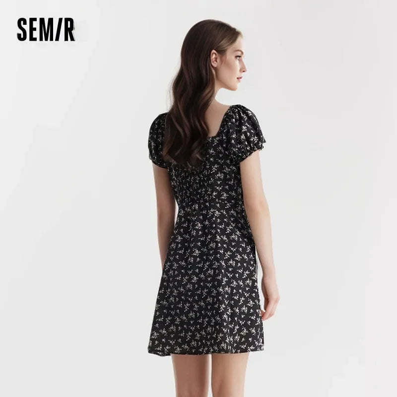 Vestido de mujer con mangas abullonadas y estampado floral de gasa Mori, nuevo vestido de verano con escote cuadrado y cintura corta, divertido