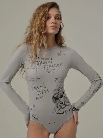 Body sexy ajustado con estampado de letras para mujer, top corto Y2k, ropa de manga larga, body femenino ajustado