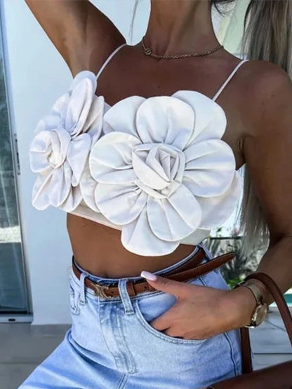 Sexy Chic 3d Floral Croptop Women Backless Sleeveless White Female Slip Vests  Spring Summer New Fashion Street Lady Tops