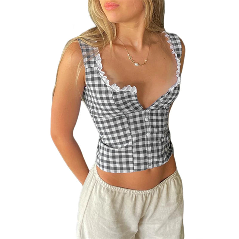 Top corto a cuadros Y2K con estampado estético para mujer, con ribete de encaje, cuello cuadrado, botones, sin mangas, ropa de calle de los años 2000