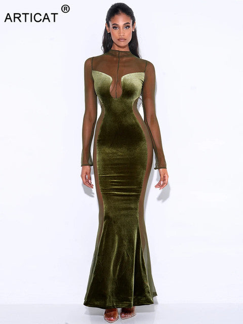 Vestido de noche verde de manga larga para mujer, sexy, transparente, de malla, ajustado, elegante, para fiesta y club, para otoño